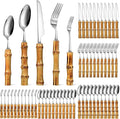 Eboot Bamboo Silverware Set 18/8 Stainless Steel Tableware Set Natural Utensil Flatware Kit Spoon Fork Knives Bamboo Handle Cutlery for Kitchen Wedding Home Restaurant Party(Silver,60 Pieces)