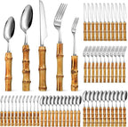 Eboot Bamboo Silverware Set 18/8 Stainless Steel Tableware Set Natural Utensil Flatware Kit Spoon Fork Knives Bamboo Handle Cutlery for Kitchen Wedding Home Restaurant Party(Silver,60 Pieces)