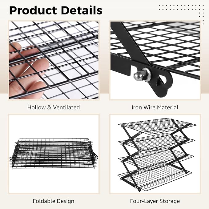 4-Tier Collapsible Cooling Rack, Adjustable Stackable Wire Baking Rack, Iron Wire Rack 17.72 x 9.72 x 16.81 in, Foldable Storage Shelf for Camping Picnic, Roasting Grilling Drying
