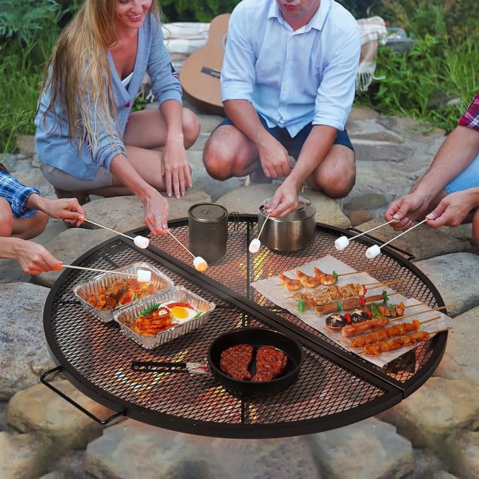 Lineslife X-Marks Fire Pit Cooking Grill Grates Portable, Heavy Duty Folding Round Campfire Grill Grate, Firepit Grill Grate with Handles for Outdoor BBQ Picnic, Black 30 Inch
