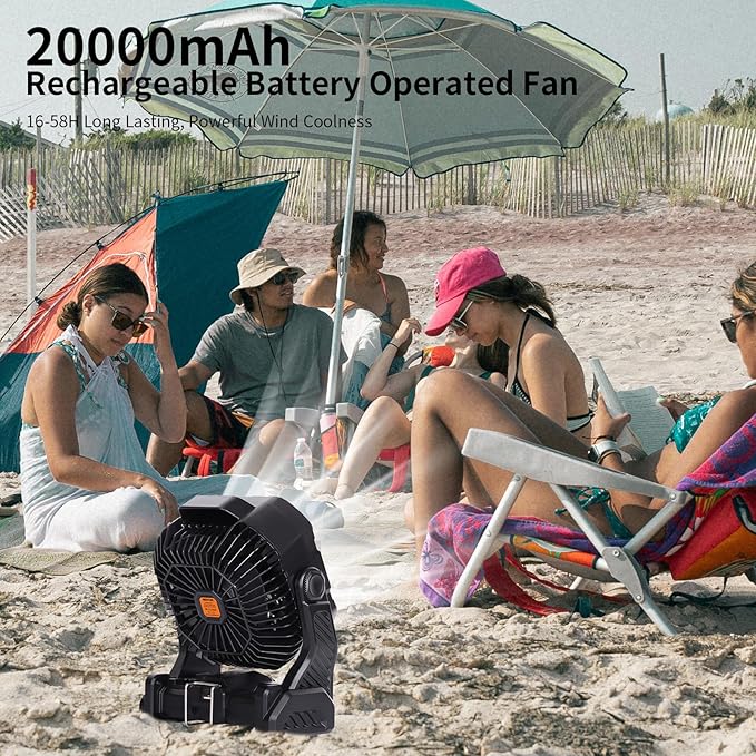 20000mAh Camping Fan with LED Lantern USB TpyeC Rechargeable Battery Operated Fan Outdoor Fans with Light & Hook,4 Speeds Personal USB Desk for Camping Black X26A
