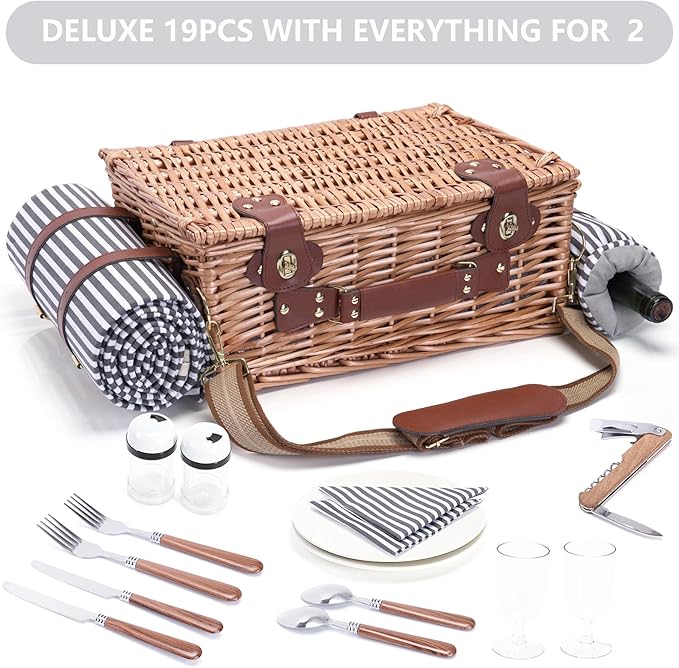 Picnic Basket with Blanket and Wine Pouch for 2 Wicker Picnic Set with Insulated Liner Cooler Bag Hamper for Camping,Wedding - Stripes