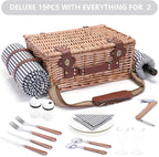 Picnic Basket with Blanket and Wine Pouch for 2 Wicker Picnic Set with Insulated Liner Cooler Bag Hamper for Camping,Wedding - Stripes