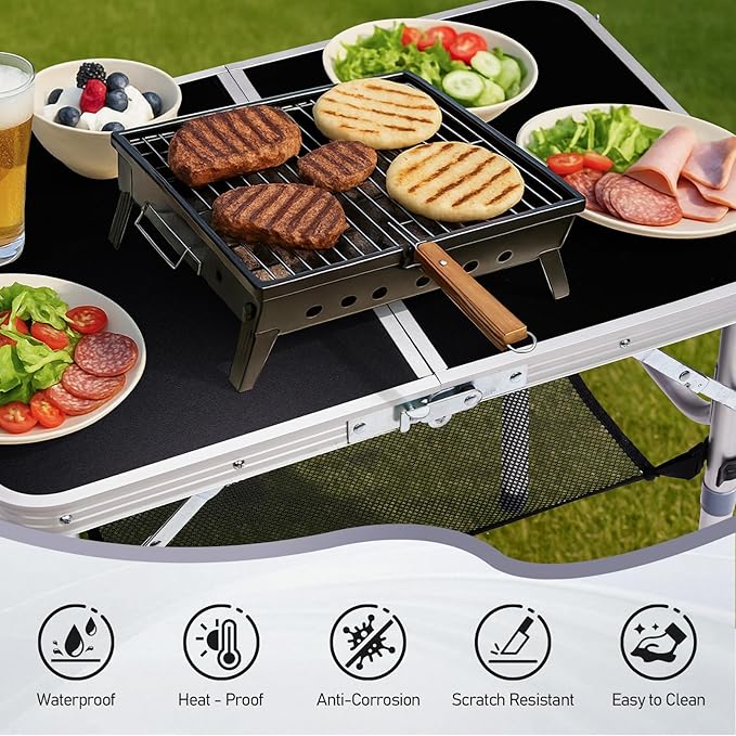 VINGLI Small Folding Table Portable 2FT Aluminum Foldable Camping Table for Picnic Card Table with 3 Adjustable Height & Carry Handle for Outdoor Indoor Hiking Camp BBQ Beach-Black