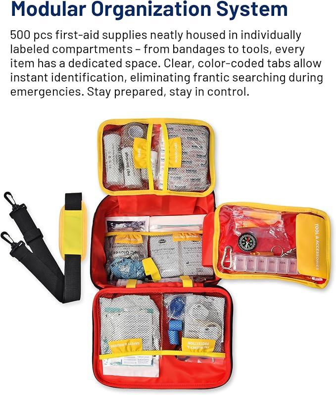 500 PCS First Aid Kit for Car Home Businesses, Well-Organized Emergency Kit, Survival Trauma Waterproof First Aid Kits for Travel Camping Home College Dorm Essential Supplies