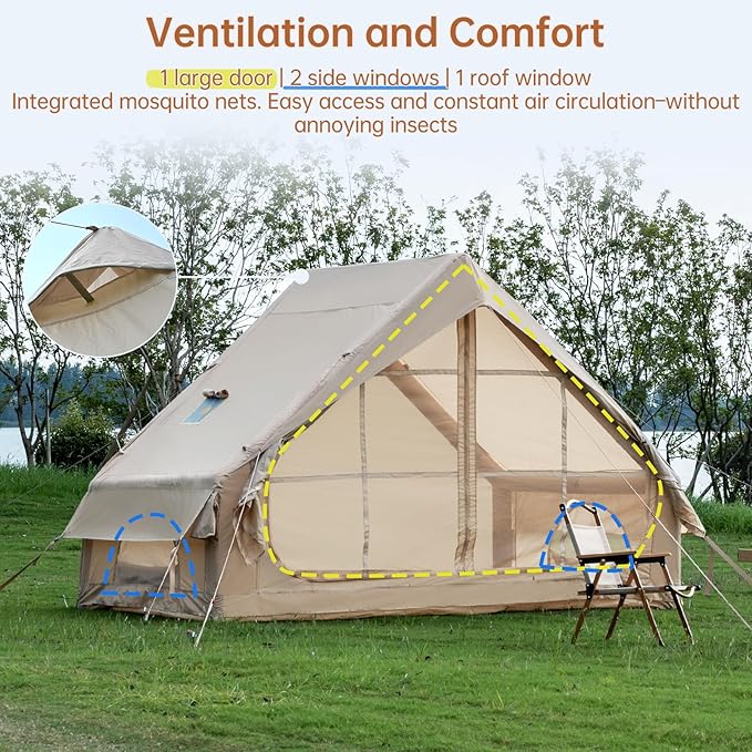 Inflatable Camping Tent with Hand Pump Waterproof Outdoor Blow up Tent 2-8 Person Oxford 4 Season Glamping Air Tent Cabin House with Mesh Windows & Door