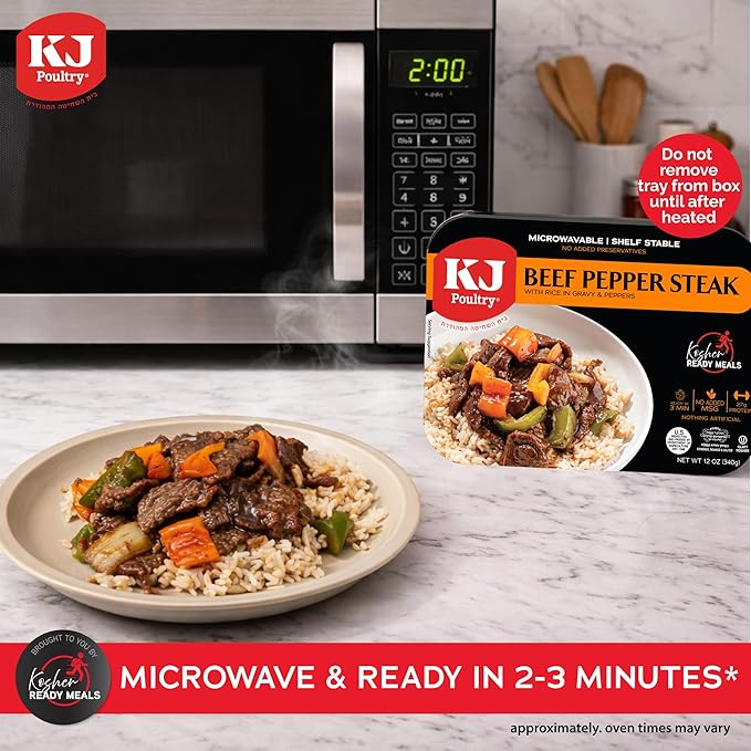 KJ Poultry Kosher Ready Meals - Beef Pepper Steak & Rice, MRE Meat Meals Ready to Eat (2 Pack) Prepared Entree Fully Cooked, Shelf Stable Microwave Dinner Travel, Military, Camping, Emergency Survival