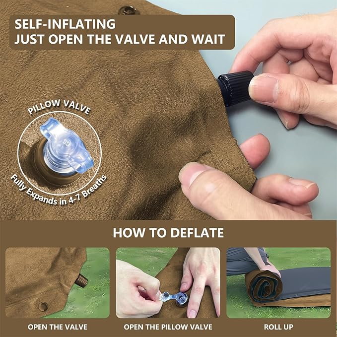Double Camping Sleeping Pad with Pillow, 2" Memory Foam Camping Mattress 2 Person, 5R Insulated Self Inflating Camping Pad, Air Mattress Inflatable Sleeping Mat for Tent, Backpacking, Hiking (Khaki)