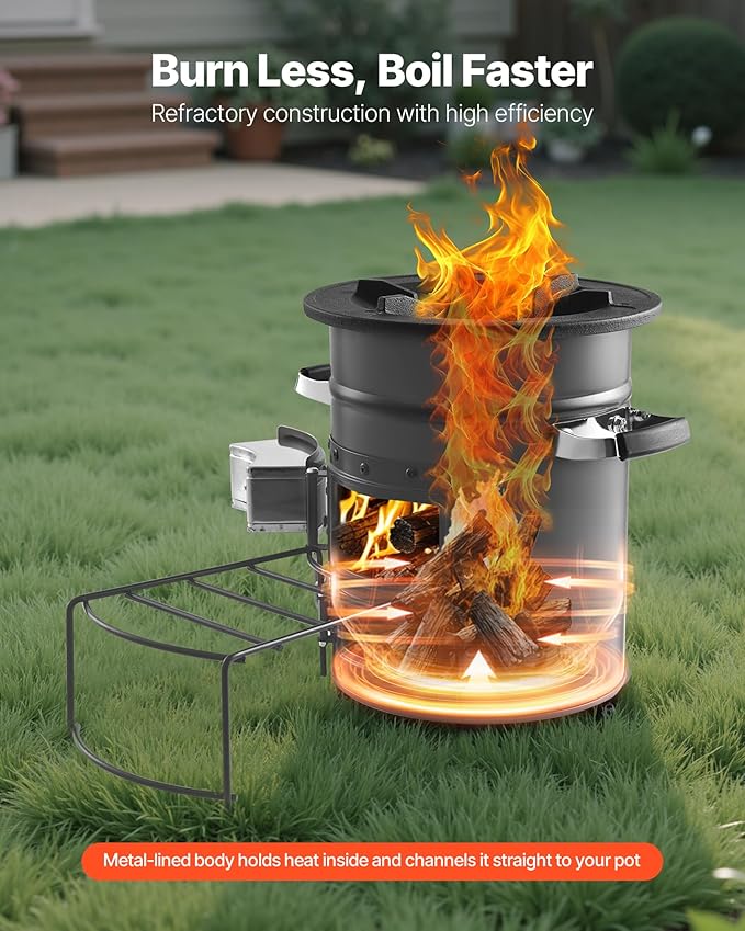 VEVOR Camping Rocket Stove, Wood Burning Portable Rocket Stove with Carrying Bag for Backpacking, SPCC Steel, Double Door, Burn Twigs, Sticks or Charcoals for Outdoor Cooking, Backyard, Camp Cooking