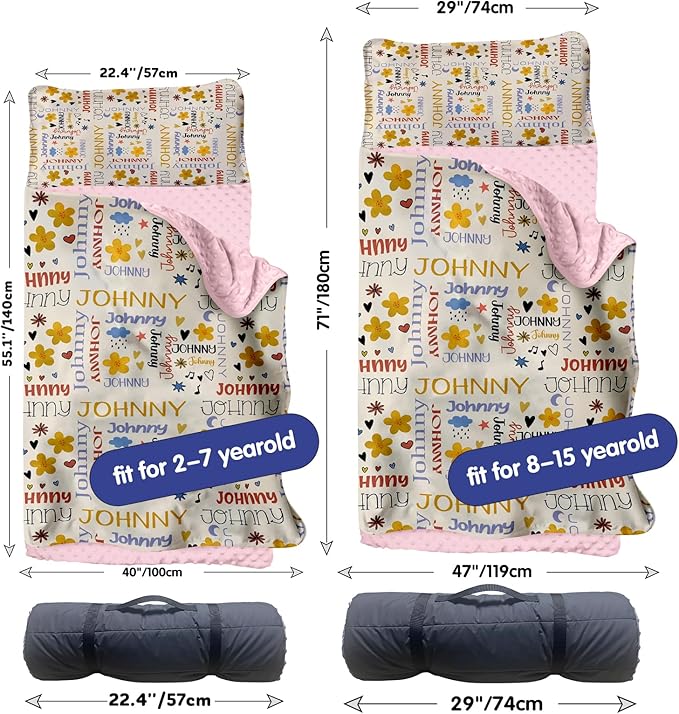 Personalized Toddler Nap Mat for Preschool, Custom Name Kids Sleeping Bag for Daycare, Kindergarten Roll Up Sleeping Mat with Removable Pillow and Soft Blanket, Fun Themes for Boys & Girls