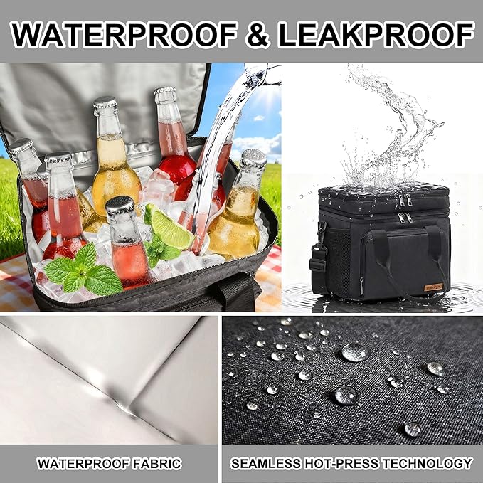 Lunch Bag-Double Deck Insulated Lunch Box for Men Women, Soft Leakproof Thickened Cooler Bag for Work , Picnic, Outdoor, Camping, Travel with 2 Ice Packs(Black，15L)