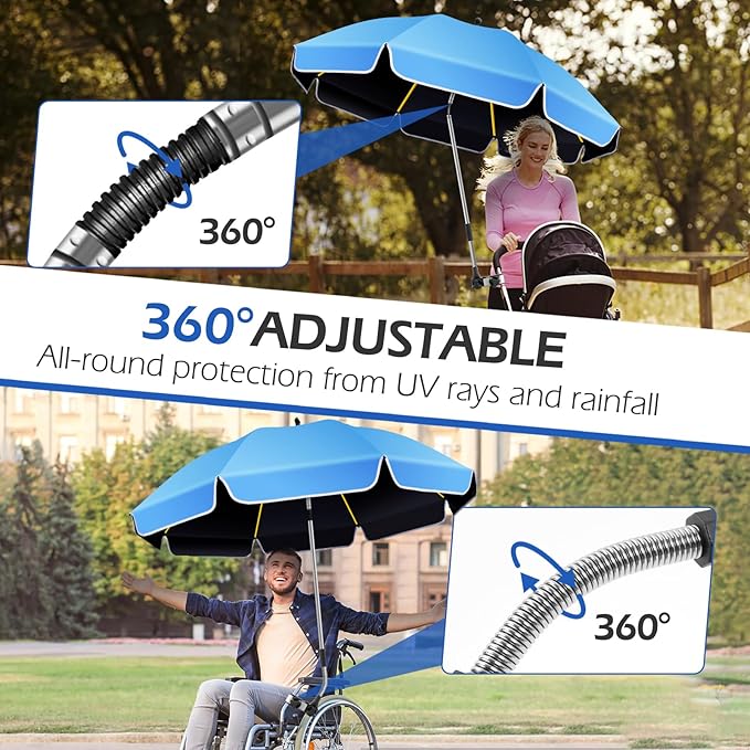 Umbrella 360°Adjustable Protection Stroller, 48.8" beach chair umbrella with clamp, high UV protection. 3 Adjustable areas 180°+360° for fishing, golf, beach, camping (chair not included)