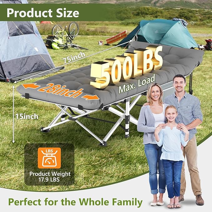 Slendor Camping Cot, Folding Camping Cots for Adults, Portable Sleeping Cot with Carry Bag, 1200D Double Layer Oxford, Camp Cot Bed for Guest Travel, RV, Support 500lbs, Charcoal Grey