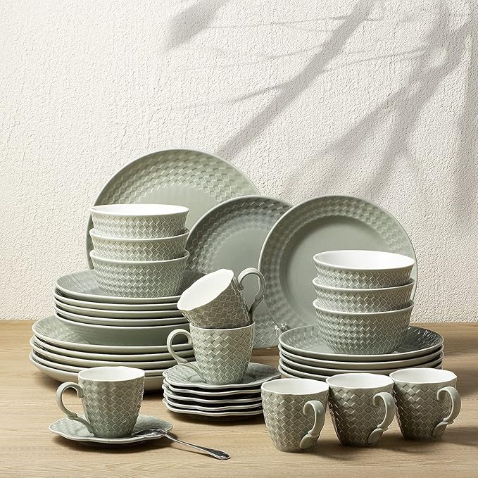 Creative Ceramic Tableware, 36 Pieces Ceramic Full Set of Tableware, Gray-Green Soup Plates, Dinner Plates, Dessert Plates, Cereal Bowls, Coffee Cups, Saucers for 6 People (36 Pcs