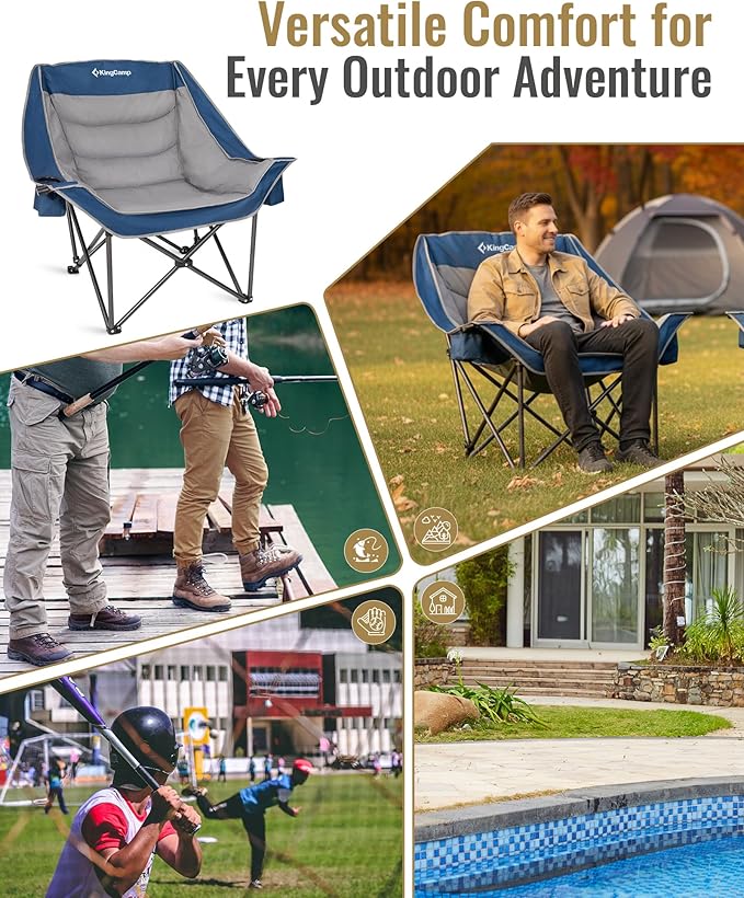 KingCamp Oversized XL Camping Chair, Heavy Duty 500lbs Folding Couch for Adults, Padded Large Comfortable Sofa Seat with Cooler Bag Cup Holder for Outdoor Sports Fishing Patio Lawn