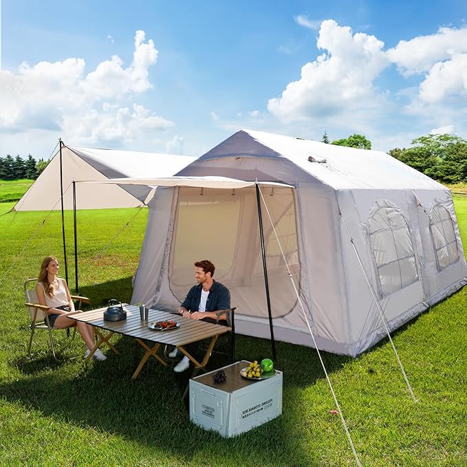 ABORON 2/6/8/10/12 Person Inflatable Camping Tent, Easy Setup Blow Up Tent with Hand Pump, PU3000mm Waterproof & Breathable 4 Season Glamping Tent for Outdoor Camping