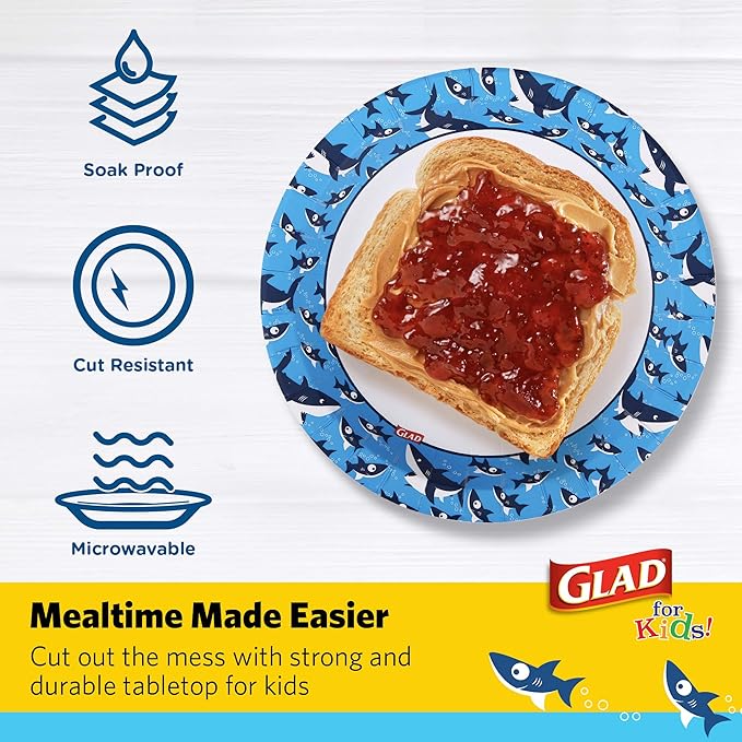 Glad for Kids 8.5 Inch Round Paper Plates, Cute Sharks Design, Heavy Duty Cut-Resistant and Soak-Proof Disposable Plates, Microwavable Kids Tableware for Meals, Parties, Snacks, 20 Count
