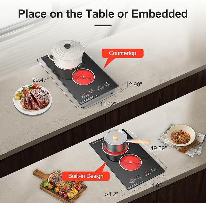 Electric Cooktop, Built-in and Countertop 2 burner Electric Burner for Cooking, 2400W 110V stove top,11 Power Settings, Timer and Child Safety Lock, LED touch control,Overheat Protection.