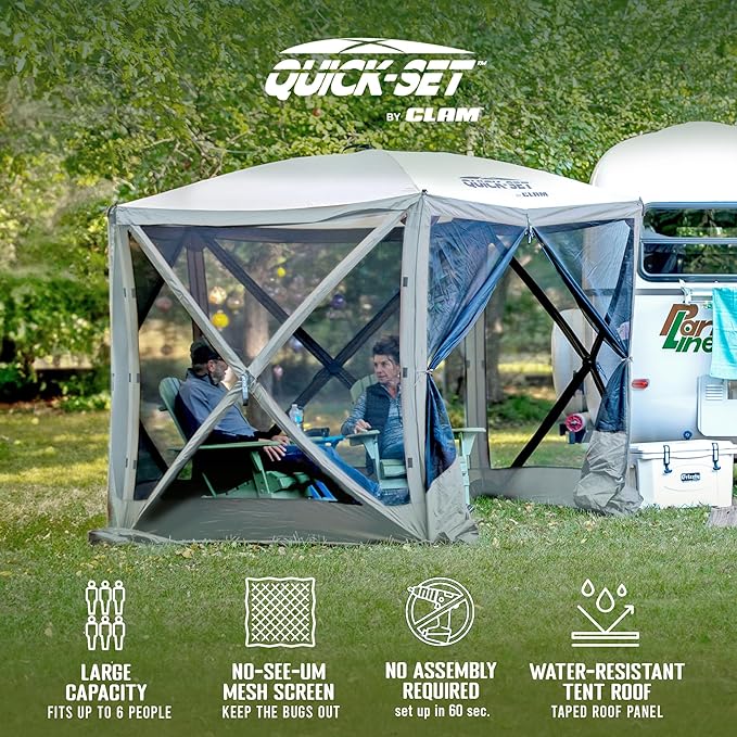 CLAM Pop Up Screen Tent, Outdoor Camping Gazebo Canopy, Adventure with Wind Panels, 9' x 9', Gray