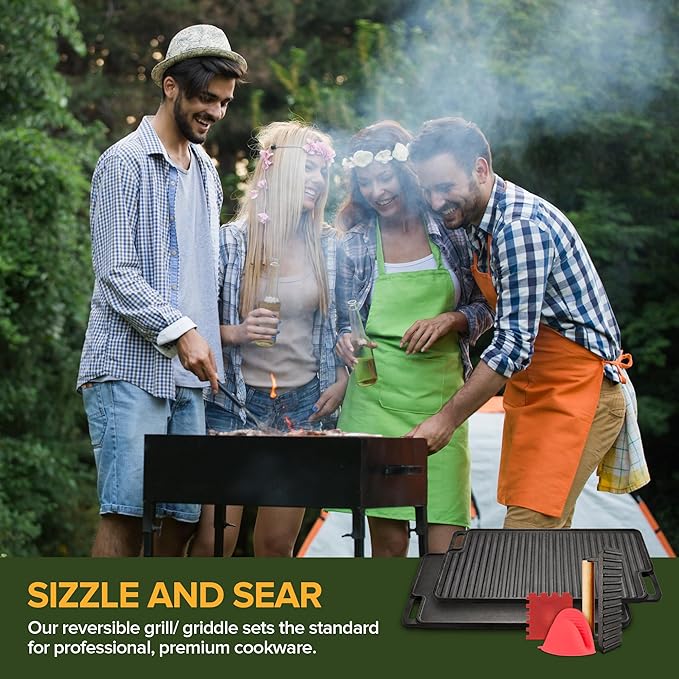 Cast Iron Griddle/Grill Reversible Combo Set + Protective Mitts, Grill Press & Scraper- Pre-seasoned Indoor & Outdoor gas Stove Griddle- Stovetop, Camping or Home Cooking Non-Stick Griddle Pan