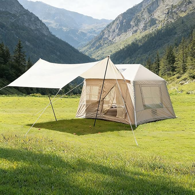 Inflatable Tent, 4-6 Person Luxury Camping Tents, Detachable Rainfly Sky-View Roof, Sturdy Oxford Fabric Cabin for Hiking, Quick Inflate Hot Thermal Outdoor House,Beige