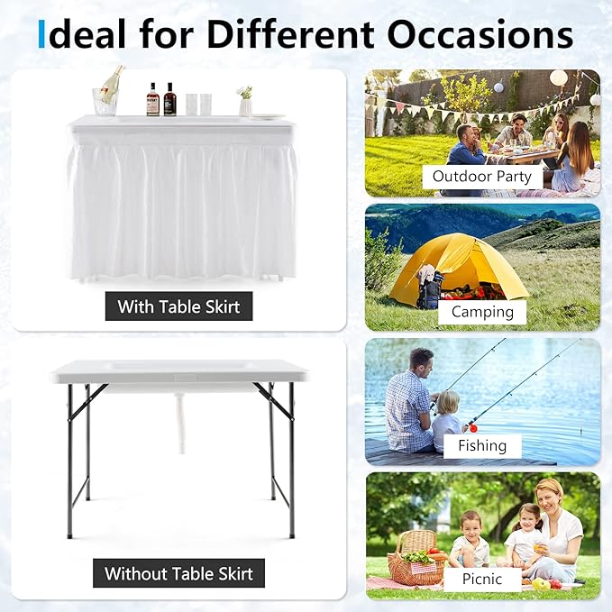 Giantex 4 FT Folding Ice Cooler Table for Parties with Drain, No Assembly Ice Bin Table with Removable Matching Skit, Portable Fill and Chill Table for Cooling Food Beverage, Picnic, BBQ, Tailgating