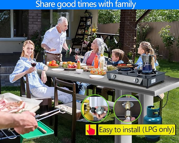 Propane Stove 2 Burner Gas Stove Auto Ignition 26000 BTU Tempered Glass Propane Burner LPG with CSA Hose for Outdoor Cooking, Emergency