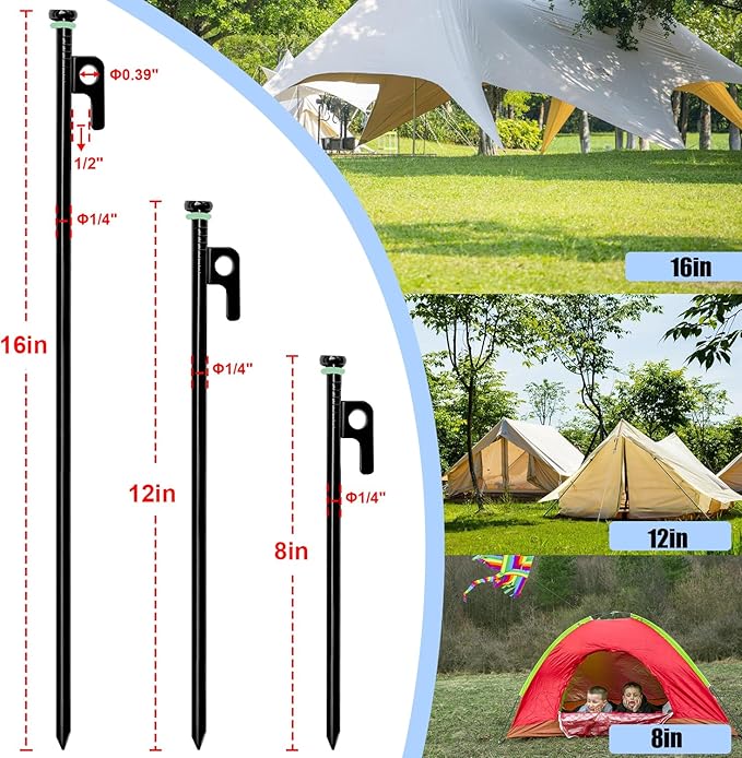 12Pcs Tent Stake with Hammer Set, 16in Tent Stakes Heavy Duty with 10.5in Tent Stakes Hammer, Storage Pouch, Forged Steel Tent Stakes for Camping Used on Rocks, Grassland(12Pcs 16in Stakes+Hammer)