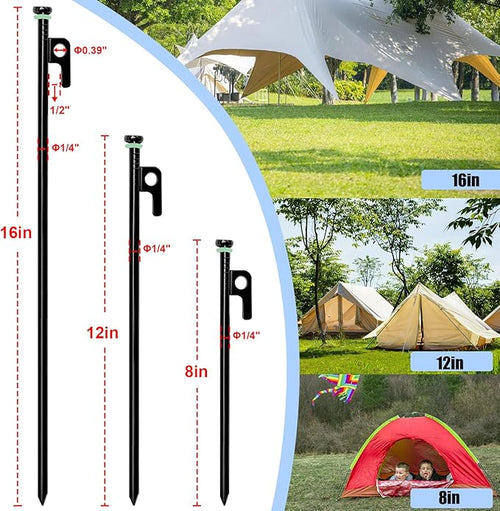 12Pcs Tent Stake with Hammer Set, 16in Tent Stakes Heavy Duty with 10.5in Tent Stakes Hammer, Storage Pouch, Forged Steel Tent Stakes for Camping Used on Rocks, Grassland(12Pcs 16in Stakes+Hammer)