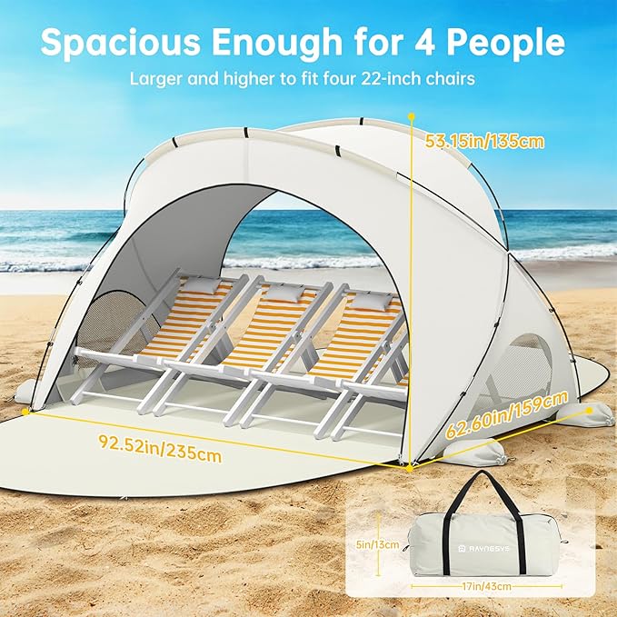 Beach Tent Sun Shelter, Beach Shade Tent with UPF50+ UV Protection, Sun Shelter for 1-4 Person, Beaches Shade with 2 Zippered Doors, Portable Tents for Camping Fishing, Beige