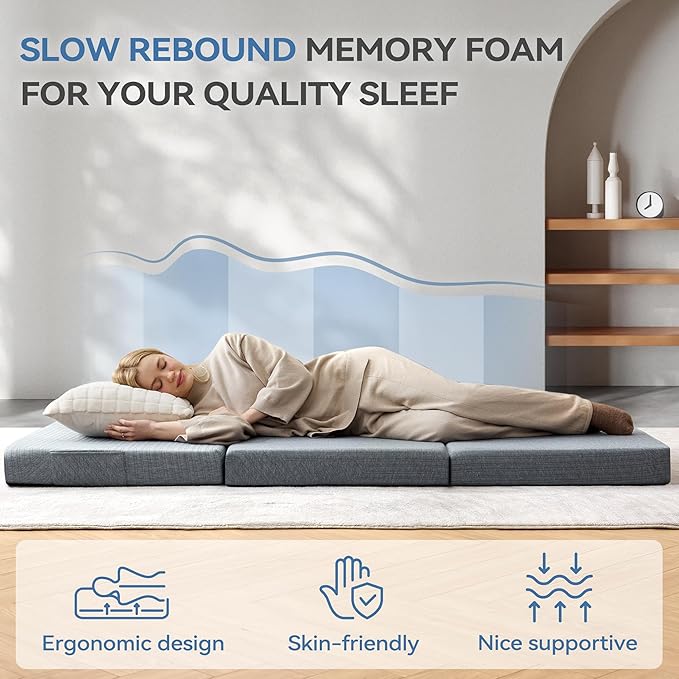 BDEUS Tri-Fold 4" Memory Foam Mattress Cot Size Portable Bed, Foldable Floor Mat for Adults & Kids, Washable CertiPUR-US Certified Cover, Lightweight for Travel/Camping/Yoga