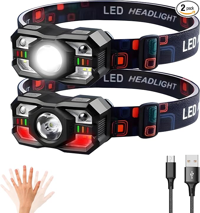（2packs Head Lamps led Rechargeable USB c - 10W LED Headlight with Wave Control, COB Auxiliary Light, Red Warning Light, Type-C Fast Charging, 15H Runtime for Camping/Fishing/Mining (tggyd001)