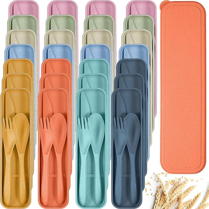 Yahenda 28 Sets Reusable Travel Utensils Set with Case Wheat Straw Cutlery Portable Spoon Knife Forks Plastic Tableware Lunch Box Accessories Bulk for Adults Travel Picnic Camping Utensils(Multicolor)
