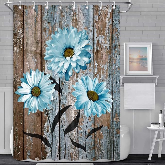 RV Camper Shower Curtain Rustic Farmhouse Floral Shower Curtains for Travel Trailer Bathroom Blue Daisy Flower Decor Fabric Camping Bath Accessories Set with Hooks 47 x 64 Inch