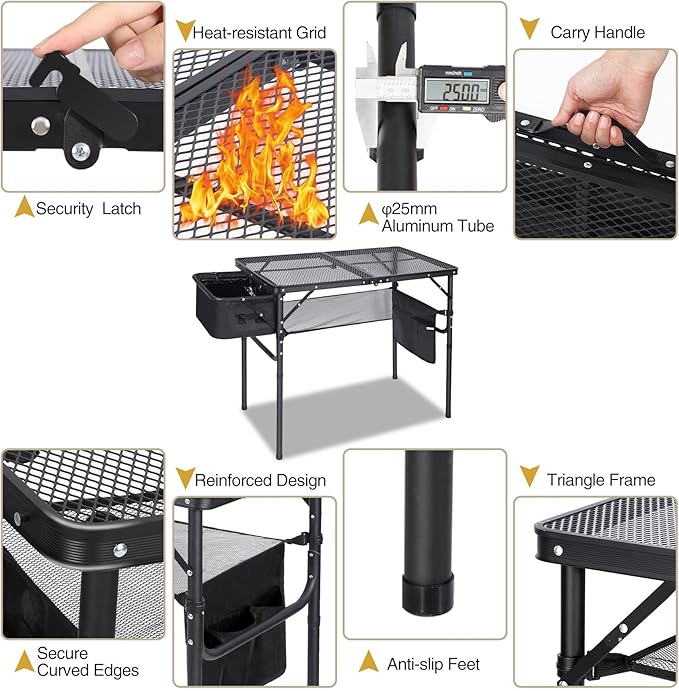 REDCAMP Folding Portable Grill Table with Sink for Outside, Lightweight Aluminum Metal Grill Stand Picnic Table for Camping Cooking BBQ RV Picnic, 2 Heights Adjustable,Black 36"x20"