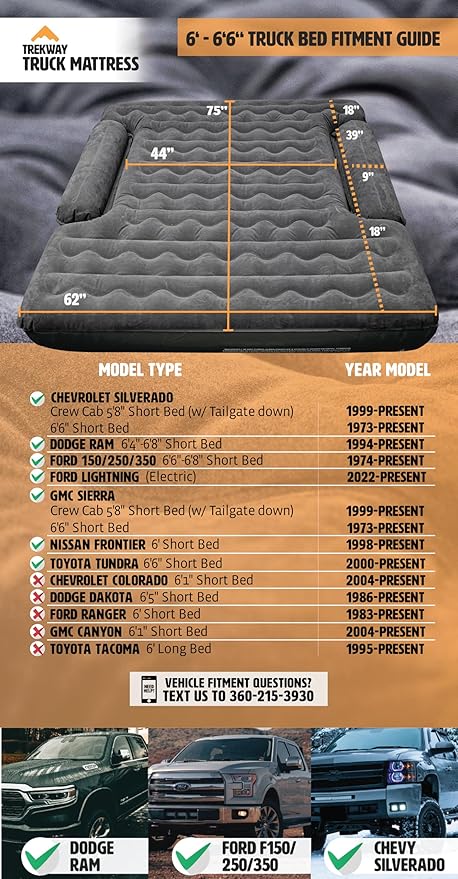 Offroading Gear Inflatable Truck Bed Air Mattress | 6ft to 6.5ft Truck Box | Trekway | Converts to Full Double Size Bed | Durable and Waterproof Compatible with F150, Ram, Supercrew, etc.