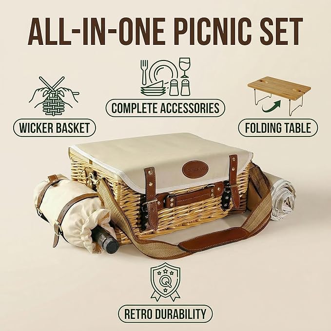 Multifunctional Wicker Picnic Basket Set for 2 Adults with Picnic Table and Blankets,Large Insulated Picnic Set with Wine Pouch and Full Tablewares for Camping Outdoor Couples Natural Beach Wedding