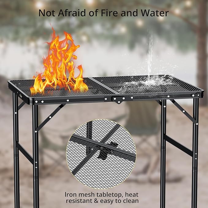 Anbte Portable Grill Table Max 29.5", 2 Adjustable Heights Folding Camping Table with Heat-Resistant Mesh Tabletop &Portable Handle, Waterproof, for Cooking BBQ Outdoor Patio, 31" X 22", Black