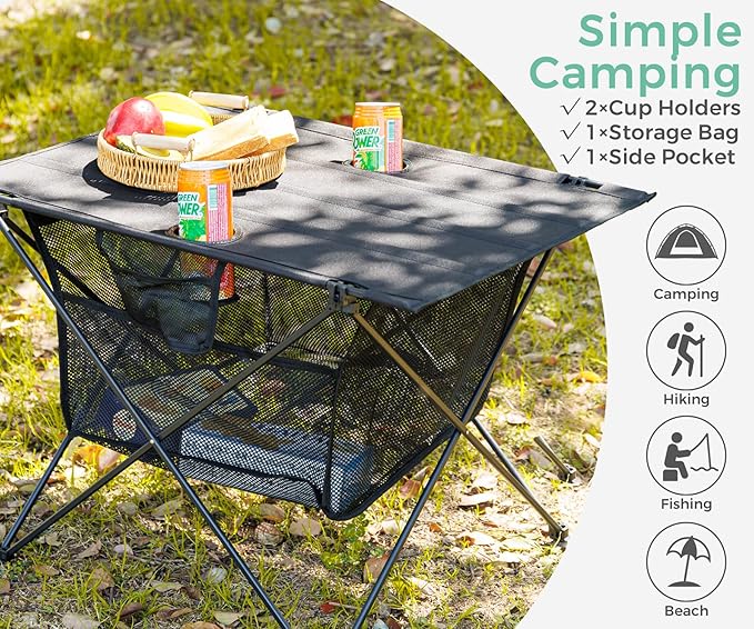 Lightweight Camping Table - Portable Folding Beach Side Table w/2 Cup Holders & Large Storage Basket, Compact Fold for Tailgate Travel Outdoor Fishing Picnic | 29.2" W x 21.7" D (Black)