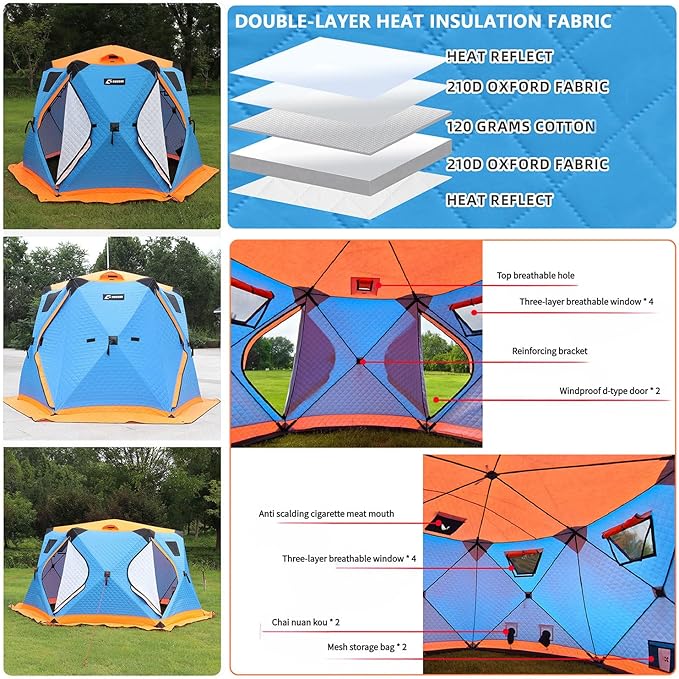 Upgraded 6–12 Person Insulated Ice Fishing Tent with Stove Jack, Dual-Layer 210D Oxford Thermal Shelter, 2 Doors 4 Windows, Pop-Up Ice Shanty for Winter Camping, Outdoor Use Silver-8-12Person