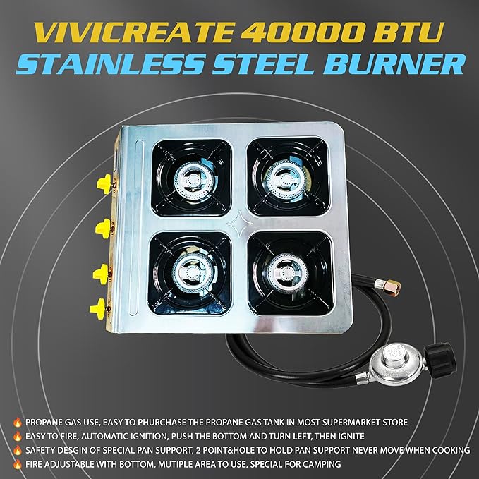 Vivicreate 4 Burner Propane Gas Stove 40000 BTU Stainless Steel Cooktop with Enamel Pan Support Electronic Ignition for Camping Outdoor Cooking BBQ Fogón de Estufa de Gas Portátil