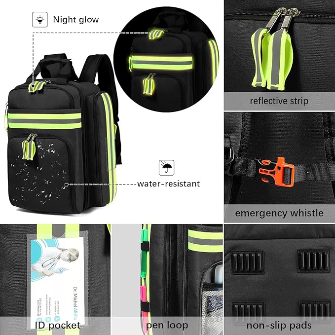 Gatycallaty First Aid Backpack - Medical Evacuation Bag - Red Emergency Lifeguard Bag for Ems Emt First Responders (Black)
