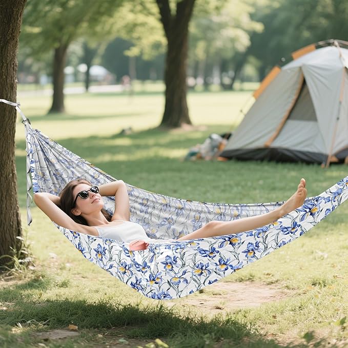 Cartoon Blue Iris Flowers Camping Hammock Cloth Hammock for Outside Patio Backyard Poolside