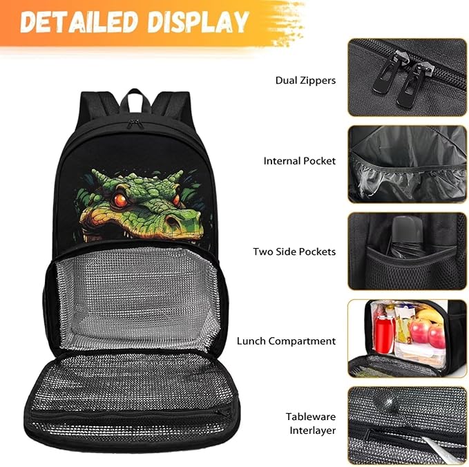 Crocodile Print Meal Bag Backpack Kids Backpacks with Lunch Compartment Meal Bag Large Bookbag Insulated Cooler Backpack Lunch Box Nurse Work Backpacks for Travel Casual