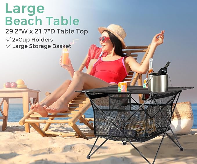 Lightweight Camping Table - Portable Folding Beach Side Table w/2 Cup Holders & Large Storage Basket, Compact Fold for Tailgate Travel Outdoor Fishing Picnic | 29.2" W x 21.7" D (Black)