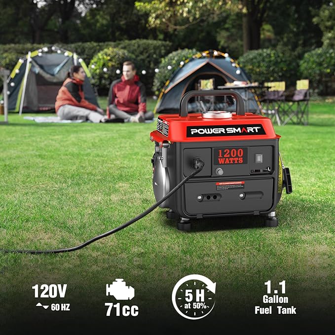 PowerSmart 1200W Portable Gasoline Generator, 71cc 2-Stroke Gas Powered Engine with 900W Rated Power, 50:1 Fuel Mix, 5-Hour Runtime at 50% Load, EPA Compliant for Camping, Tailgating