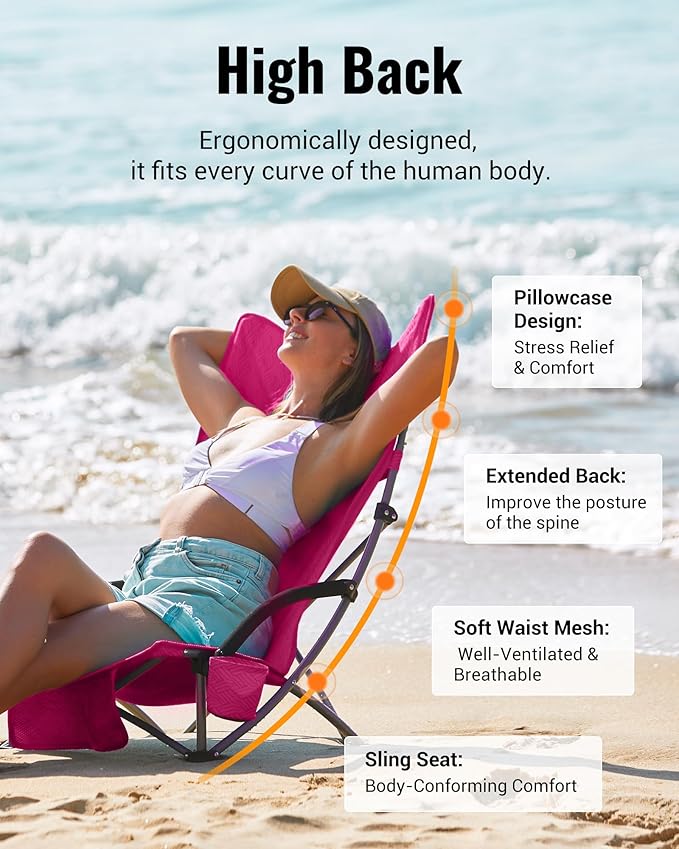 KingCamp Low Beach Chairs, Folding Portable Chair for Adults Lightweight Extra Wide Seat 300lbs Heavy Duty Oversized Backpack, Carry Bag for Camping