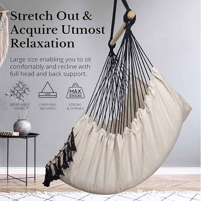 KOMOREBI Hammock Chair - Ivory Black - 60" x 47" - Hanging Rope Swing for Indoor & Outdoor - Soft & Durable Cotton Canvas - 2 Cushions Included - Large Macrame Hanging Chair for Bedroom, Patio, Porch