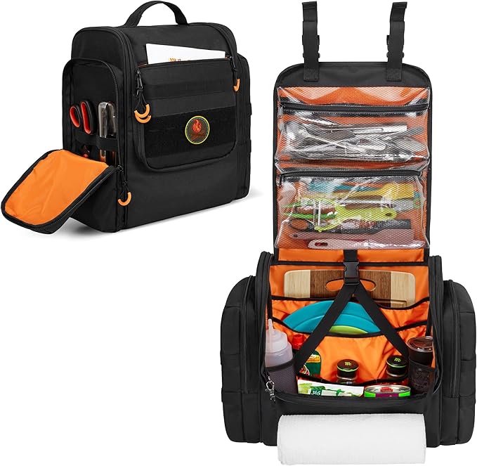 Large Tactical Camping Kitchen Organizer, Hanging Cookware Storage Bag with Paper Towel Holder & Multi Pockets, Portable Camp Utensil Organizer for BBQ Cooking Essentials, Black, Bag Only