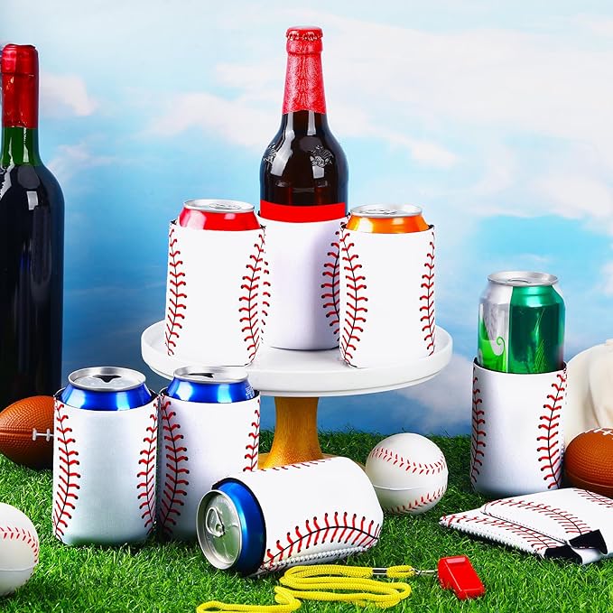 18 Pack Baseball Can Cooler Sleeves Beer Drink Can Bottle Cooler Sleeves Cooler Collapsible for Baseball Lovers Party Birthday Themed Party Decorations Supplies Favors